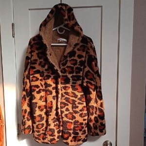 FLUFF Faux Fur Lined Animal Print Leopard Spot Reversible Teddy Bear Coat Jacket